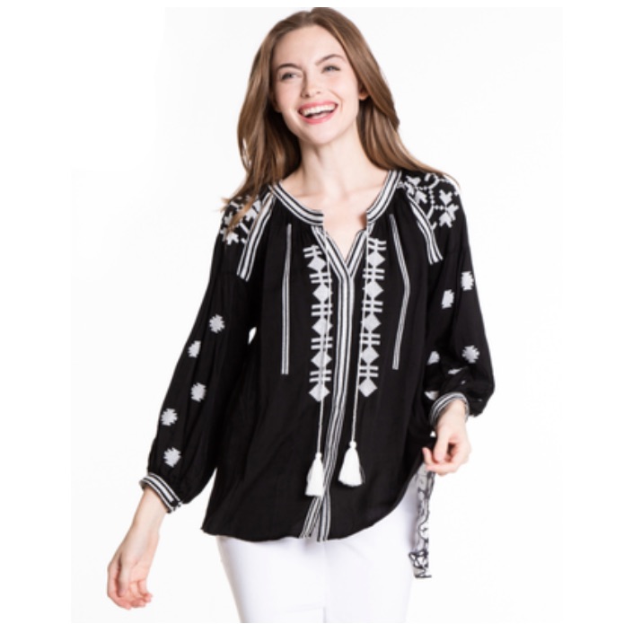 John Mark Embroidered Tassel Tie Neck 3/4 Sleeve Printed Back Hi-Low Tunic